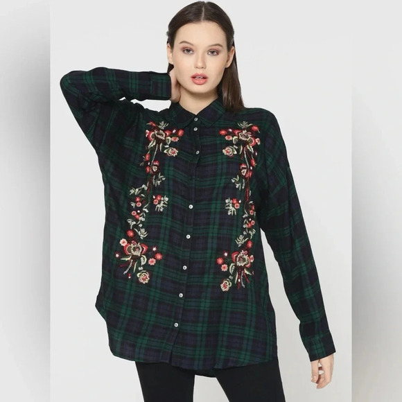 Zara Plaid Embroidered Blue Green Button Down Shirt Floral Beaded Tunic XS - Picture 1 of 13